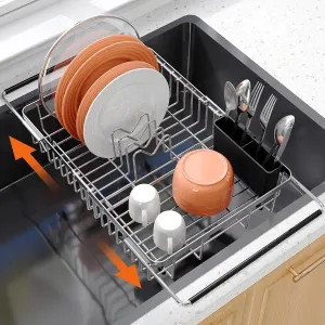 romision Dish Drying Rack in Sink, Expandable Stainless Steel Dish drainers for Kitchen Sink, Dish Strainers for Inside Sink, Dish Racks with Utensil Holder, Silver
