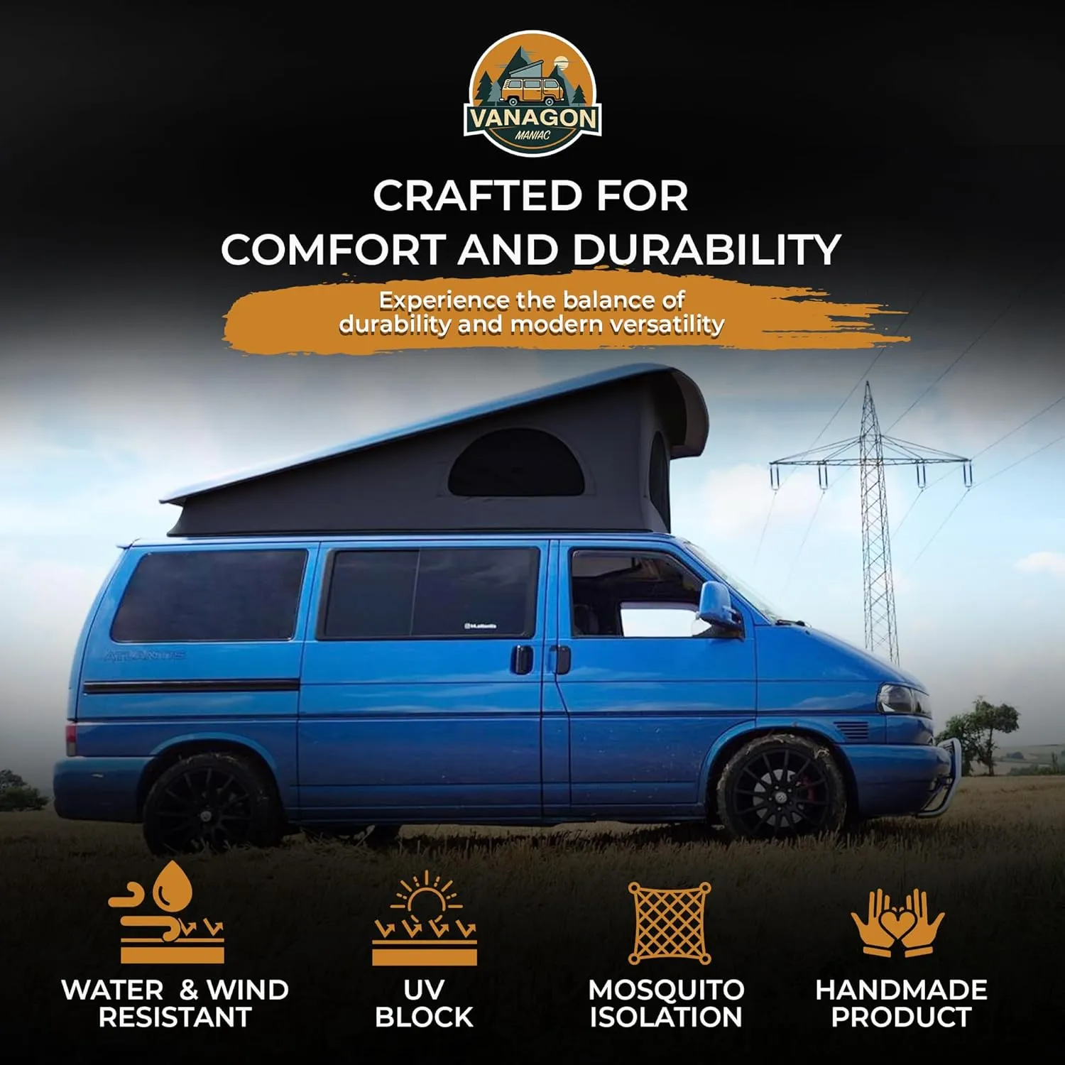 Roof Top Tent Camping 3 Window Roof Tent Pop Top Camper Canvas Compatible with VW T4 Eurovan Weekender Short Wheel Based SWB Camper - 2 Person Rooftop Tents