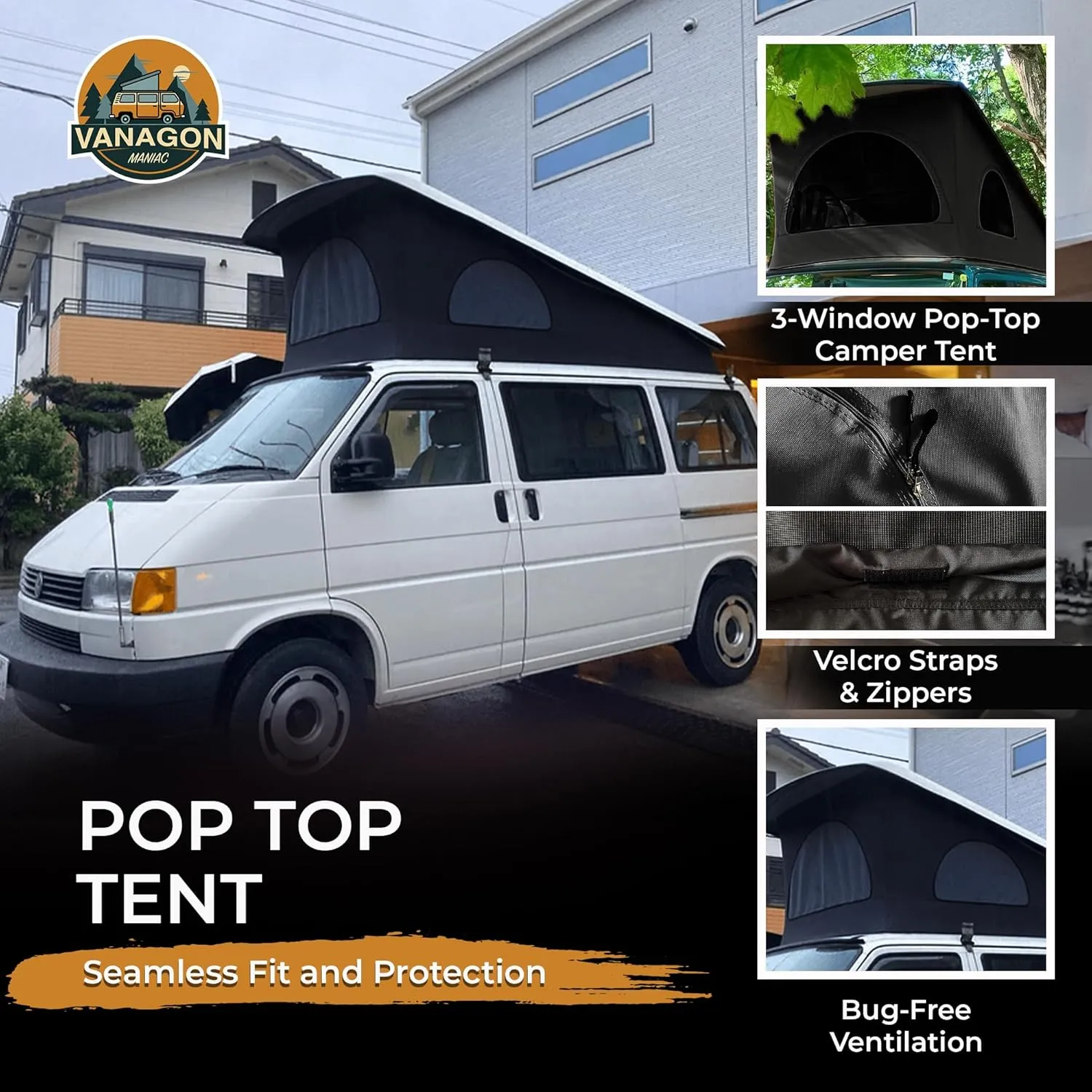 Roof Top Tent Camping 3 Window Roof Tent Pop Top Camper Canvas Compatible with VW T4 Eurovan Weekender Short Wheel Based SWB Camper - 2 Person Rooftop Tents