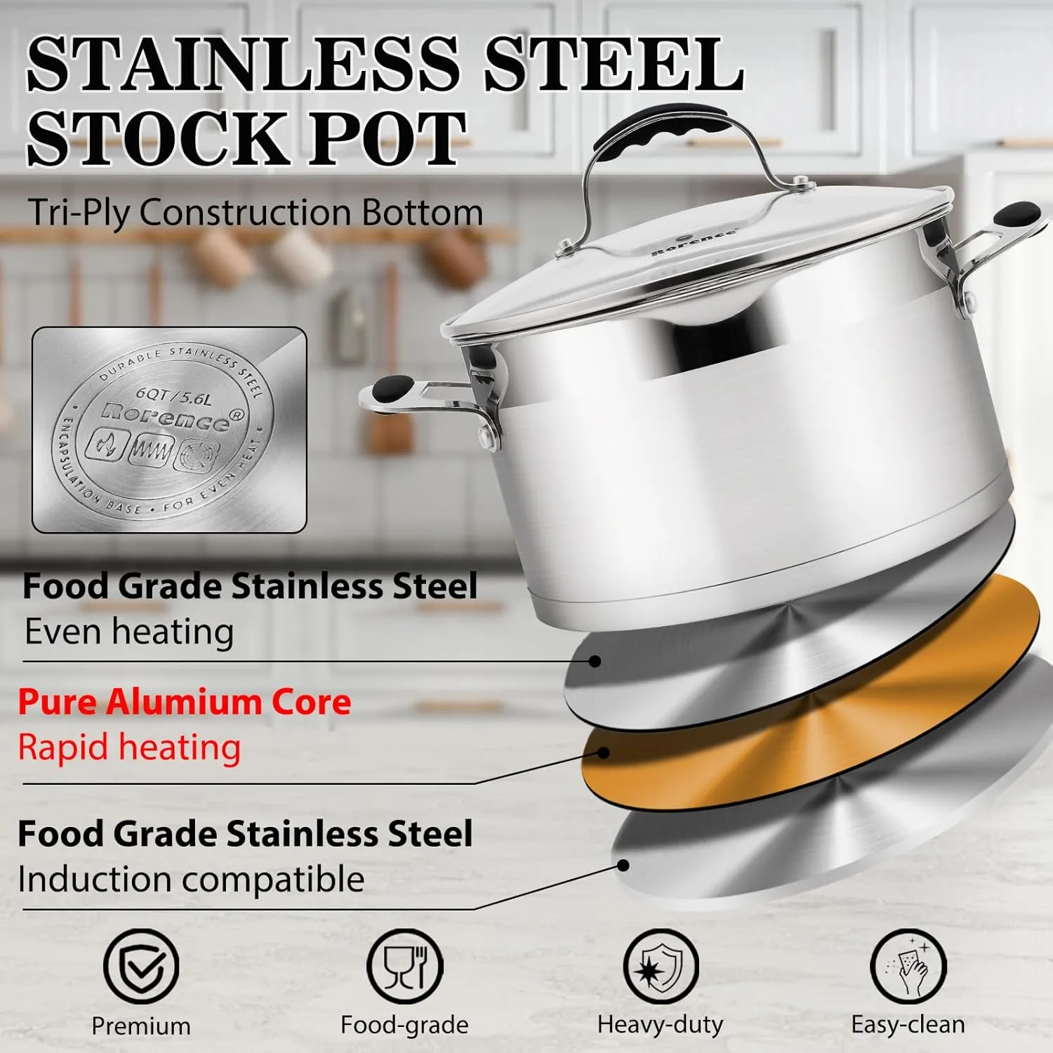 Rorence 6 QT Stainless Steel Stockpot, Large Stock pot with Silicone Coated Handles and Pout Spouts, Induction Cooking Pot with Clear Transparent Tempered Glass Lid for All Stoves, Dishwasher Safe