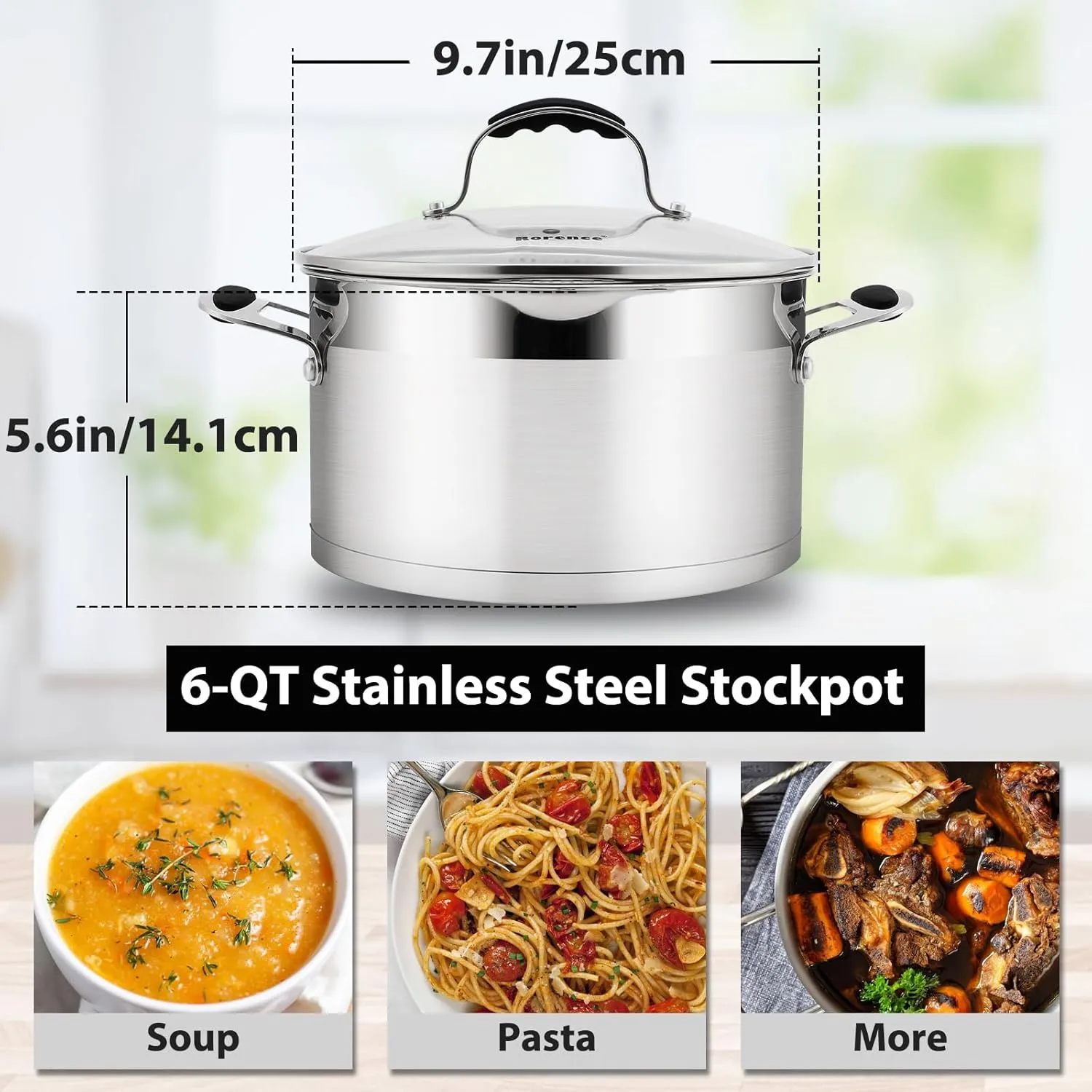 Rorence 6 QT Stainless Steel Stockpot, Large Stock pot with Silicone Coated Handles and Pout Spouts, Induction Cooking Pot with Clear Transparent Tempered Glass Lid for All Stoves, Dishwasher Safe