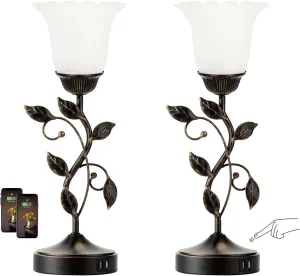 RORIANO Set of 2 Touch Bedside Vintage Lamps with 2 USB Ports, 3-Way Dimmable Flower Lamps, White Glass Shade Rustic Leaf Lamp for Bedroom Side Table, LED Bulb Included