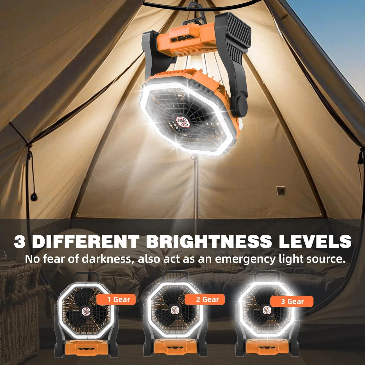 Roykaw Portable Camping Fan with 10400 mAh Rechargeable Battery, 36 Hrs Work, Ultra-bright LED Light & Cordless, Fit for Tent, Fishing, Bedroom, Office, Hurricane
