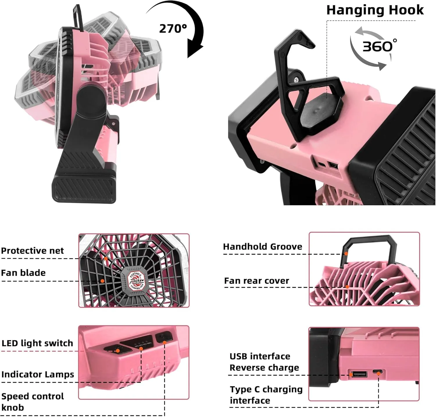 Roykaw Portable Fan for Travel, 10400 mAH Rechargeable Camping Fan, Cordless Battery Powered Fan with Led Light, with Handle, Hang Hook, Fishing, Pink