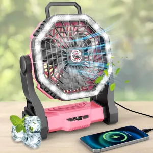 Roykaw Portable Fan for Travel, 10400 mAH Rechargeable Camping Fan, Cordless Battery Powered Fan with Led Light, with Handle, Hang Hook, Fishing, Pink