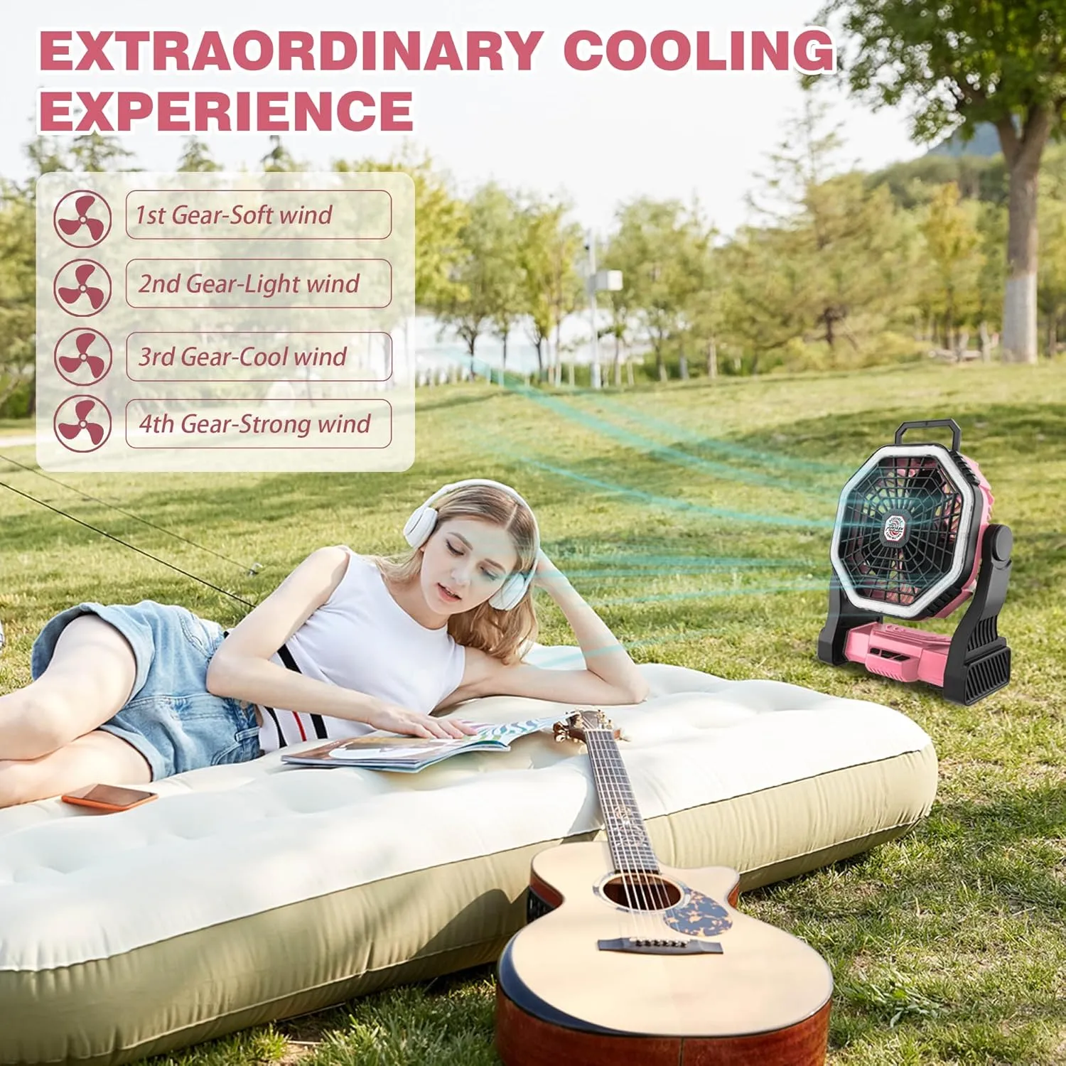 Roykaw Portable Fan for Travel, 10400 mAH Rechargeable Camping Fan, Cordless Battery Powered Fan with Led Light, with Handle, Hang Hook, Fishing, Pink