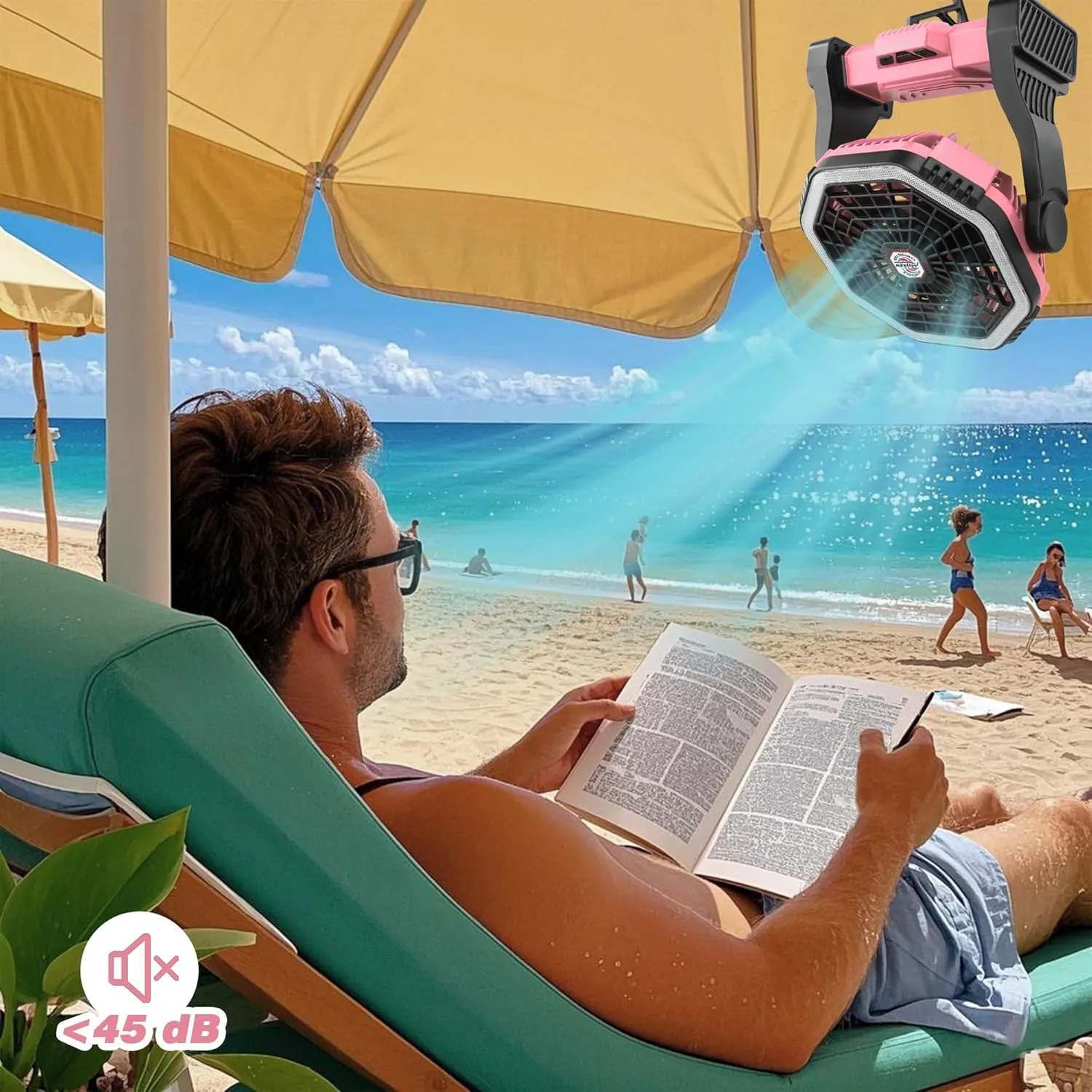 Roykaw Portable Fan for Travel, 10400 mAH Rechargeable Camping Fan, Cordless Battery Powered Fan with Led Light, with Handle, Hang Hook, Fishing, Pink