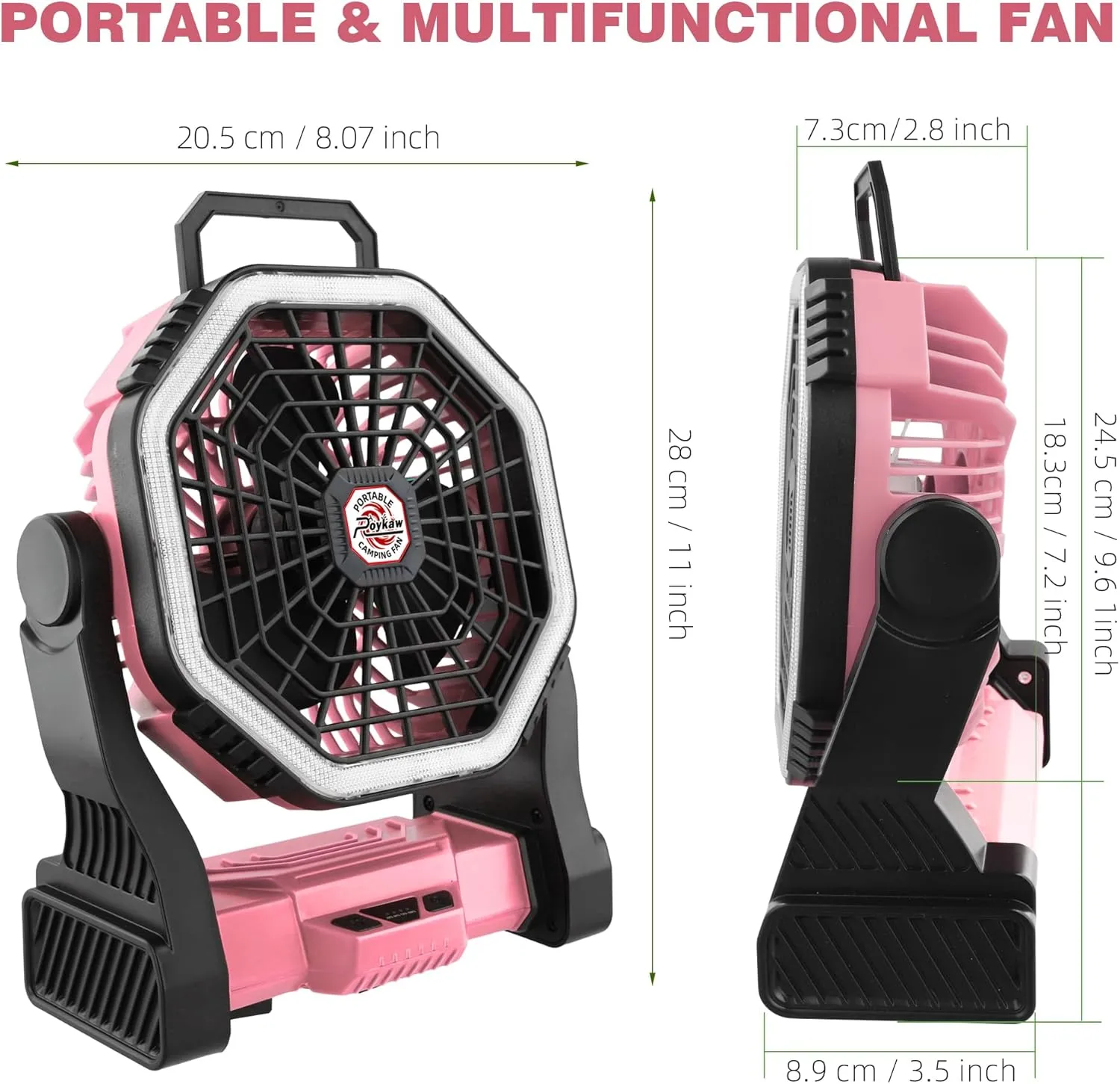 Roykaw Portable Fan for Travel, 10400 mAH Rechargeable Camping Fan, Cordless Battery Powered Fan with Led Light, with Handle, Hang Hook, Fishing, Pink