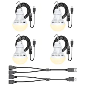 Rynx | 4 Pack Usb Light Bulb, Usb Led Camping Lantern, 8.2 Ft Extra Long Cable Light With Usb Y-Cable, Portable Led Light Bulb For Garage Storage Car Truck Fishing Boat Room Emergency Light, Warm