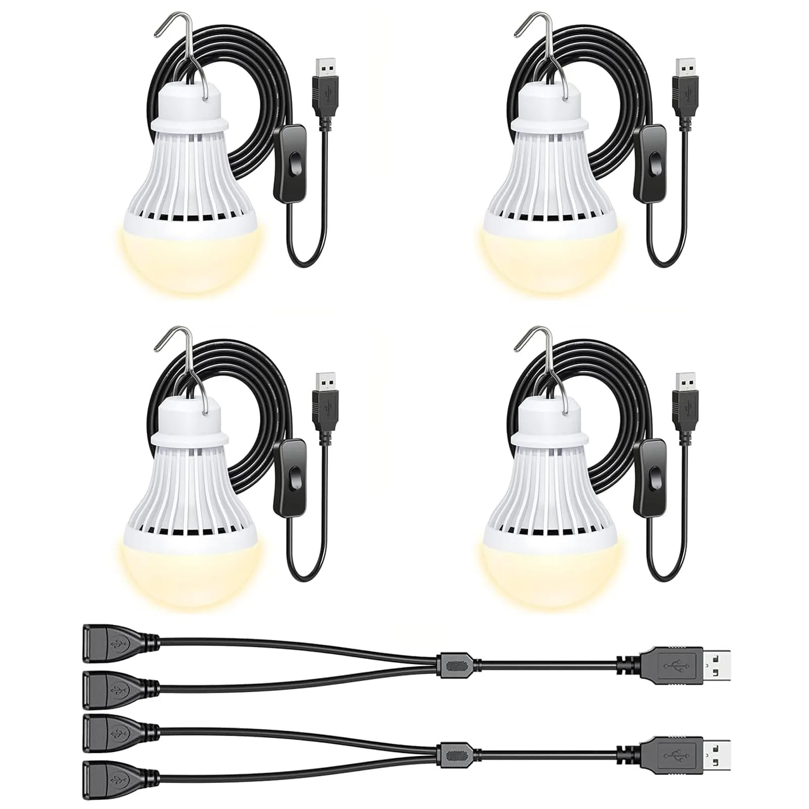Rynx | 4 Pack Usb Light Bulb, Usb Led Camping Lantern, 8.2 Ft Extra Long Cable Light With Usb Y-Cable, Portable Led Light Bulb For Garage Storage Car Truck Fishing Boat Room Emergency Light, Warm