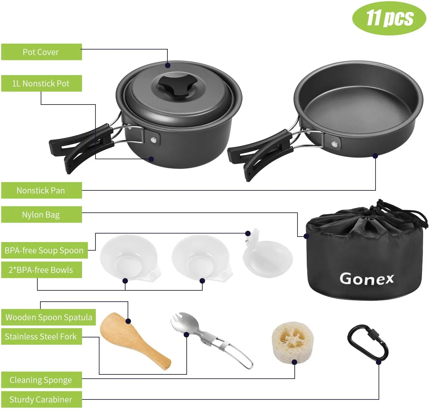 Rynx | Gonex 11pcs/13pcs/16pcs/21pcs Camping Kitchen Equipment Set Mess Kit, Backpacking Cooking Equipment, Stackable Portable Non Stick Pot Pan Cook for Outdoor Hiking