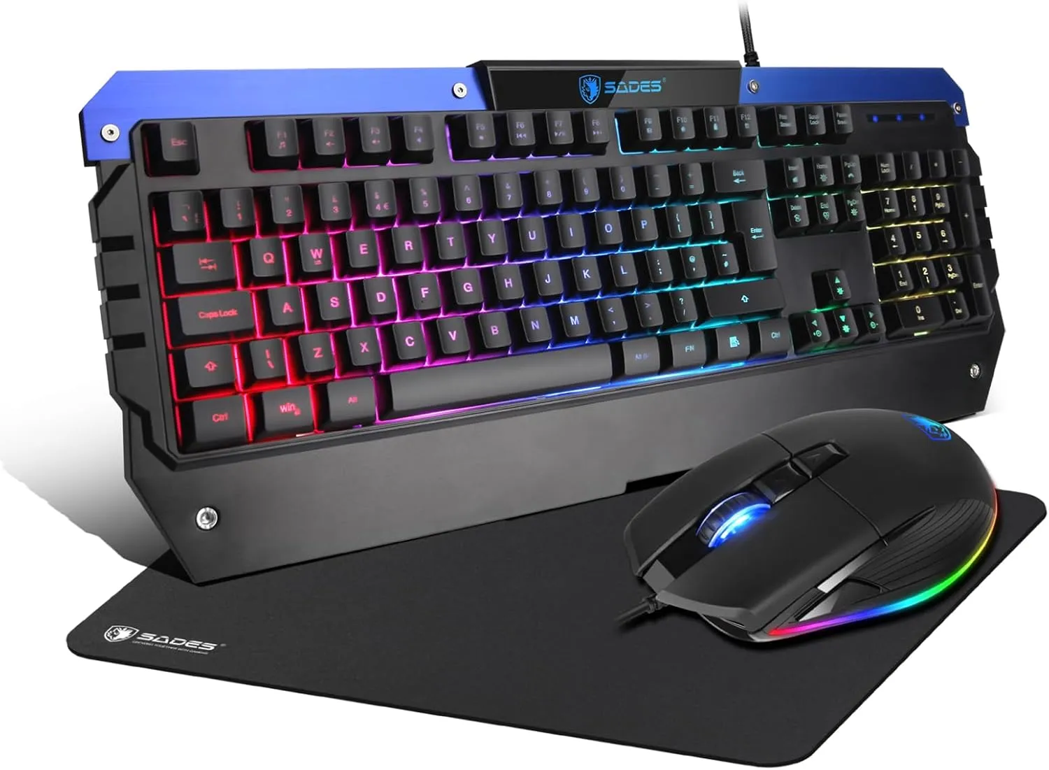 SADES Battle Ram Gaming Keyboard and Mouse: Low Profile Backlit RGB - Full Size - Wired Light Up USB - Waterproof Membrane - Ergonomic Wrist Rest Gaming Keyboard with Included Mouse Pad