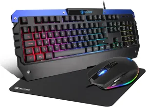 SADES Battle Ram Gaming Keyboard and Mouse: Low Profile Backlit RGB - Full Size - Wired Light Up USB - Waterproof Membrane - Ergonomic Wrist Rest Gaming Keyboard with Included Mouse Pad