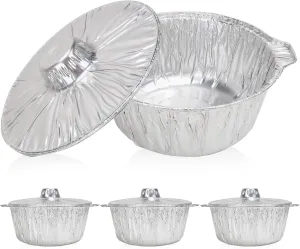 SafBbcue Aluminum Pots with Lids - 5 Quart (5.4 Liter) 4pcs Set，Disposable Heat Locking Cooking Containers - Freezer Air Fryer and Oven Safe - Recyclable Pot for Camping Vacation Trips,Silver