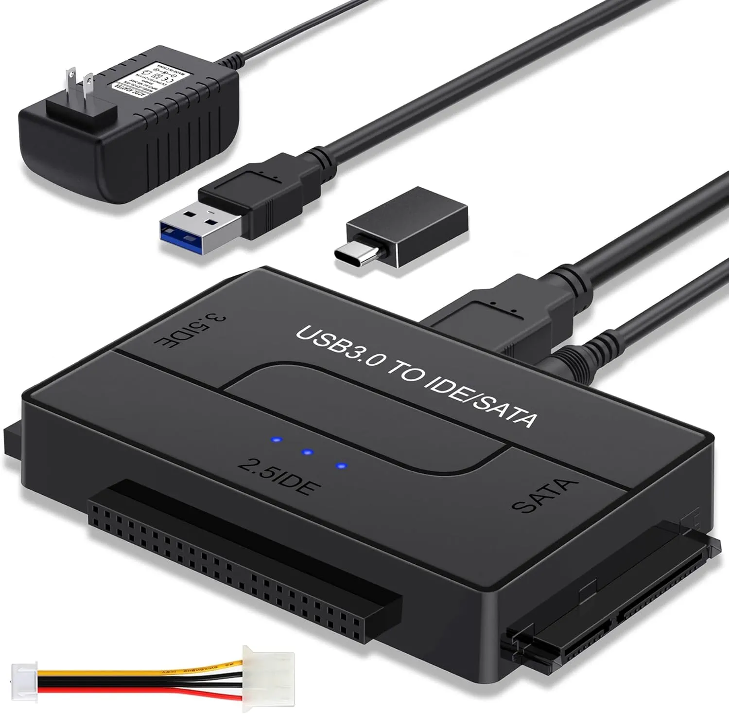 SATA IDE to USB 3.0 Adapter, Hard Drive Reader for Universal 2.5 3.5 IDE and SATA HDD SSD, Optical Drive, External Ultra Recovery Converter with 12V Power Adapter