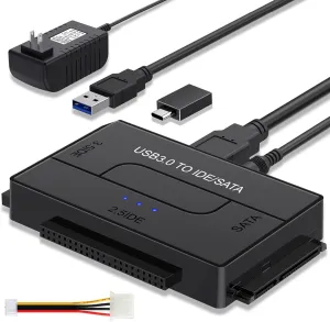 SATA IDE to USB 3.0 Adapter, Hard Drive Reader for Universal 2.5 3.5 IDE and SATA HDD SSD, Optical Drive, External Ultra Recovery Converter with 12V Power Adapter
