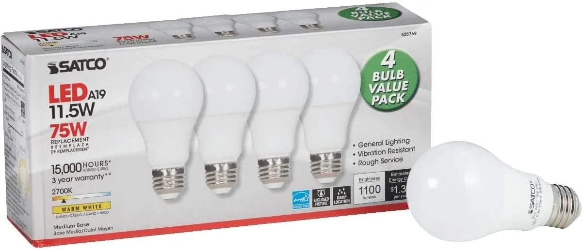 Satco 28769-11.5A19/LED/27K/ND/120V/4PK S28769 A19 A Line Pear LED Light Bulb4