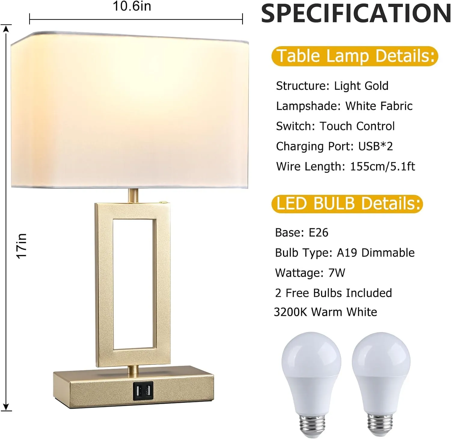 Set of 2 Table Lamps with Dual USB Ports,Touch Control for Bedside and Nightstand in Bedroom, 3-Way Dimmable Modern for Desk, Living Room, Office, LED Bulbs Included, Gold&White