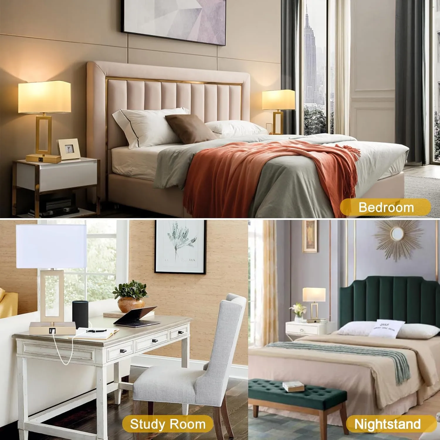 Set of 2 Table Lamps with Dual USB Ports,Touch Control for Bedside and Nightstand in Bedroom, 3-Way Dimmable Modern for Desk, Living Room, Office, LED Bulbs Included, Gold&White