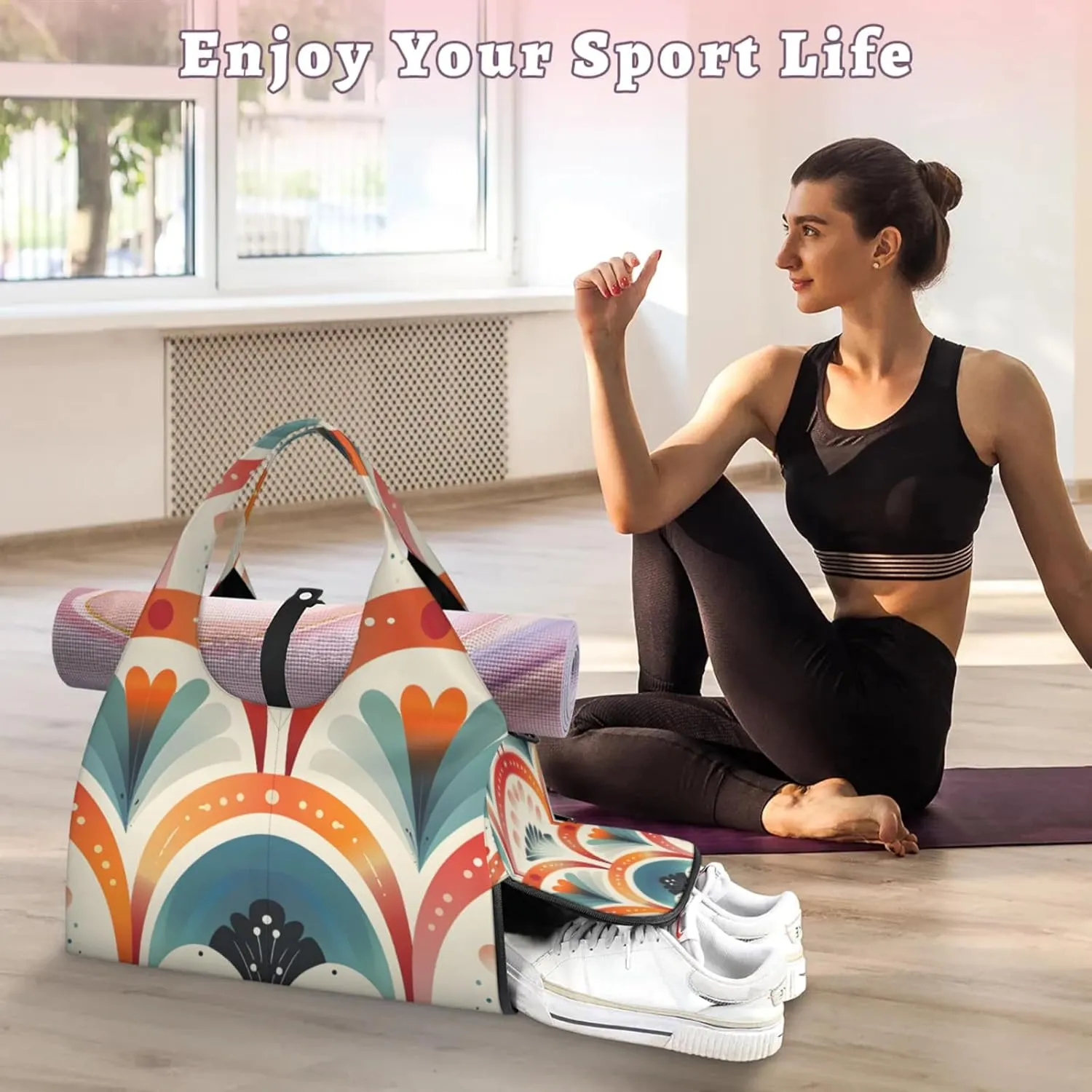 Shape Paper Gym Bag Yoga Mat Tote for Women with Shoes Compartment Lightweight Duffle Travel Carrier Wet Dry Storage Pockets Adjustable Pilates Mats Shoulder Bags for Sport Swim