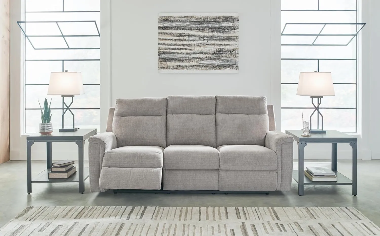 Signature Design by Ashley Barnsana Minimalist Power Reclining Sofa with USB Charging Ports, Light Gray