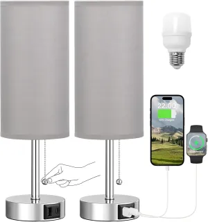 Silver Bedside Lamps for Bedroom Set of 2 - Nightstand Table Lamp with USB A   C Charging Port, 3 Color Temperatures Pull Chain Night Stand Light, Side Table Desk Reading Lamp for Living Room/Dorm