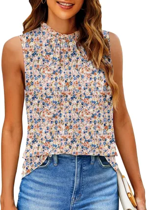 SimpleFun Womens Tank Tops Ruffle High Neck Pleated Summer Blouses Floral Sleeveless Shirt