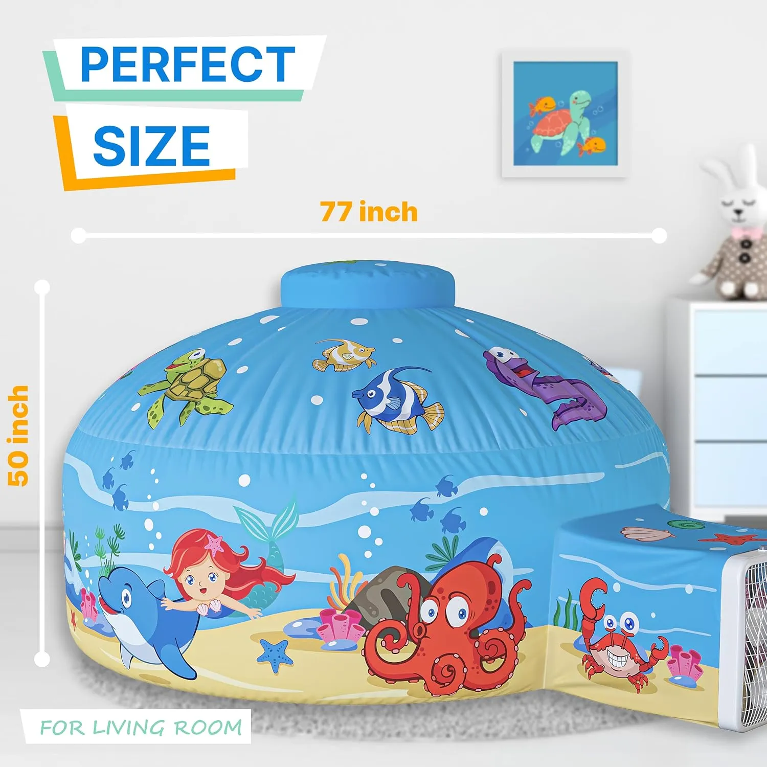 Skywin Inflatable Air Tent for Kids (77” x 50”), Perfect for Social or Solo Imaginative Play, Blow Up Tent, Sets Up and Stores Away in Seconds, Toddler Playhouse (Fan NOT Included) (Ocean Blue)