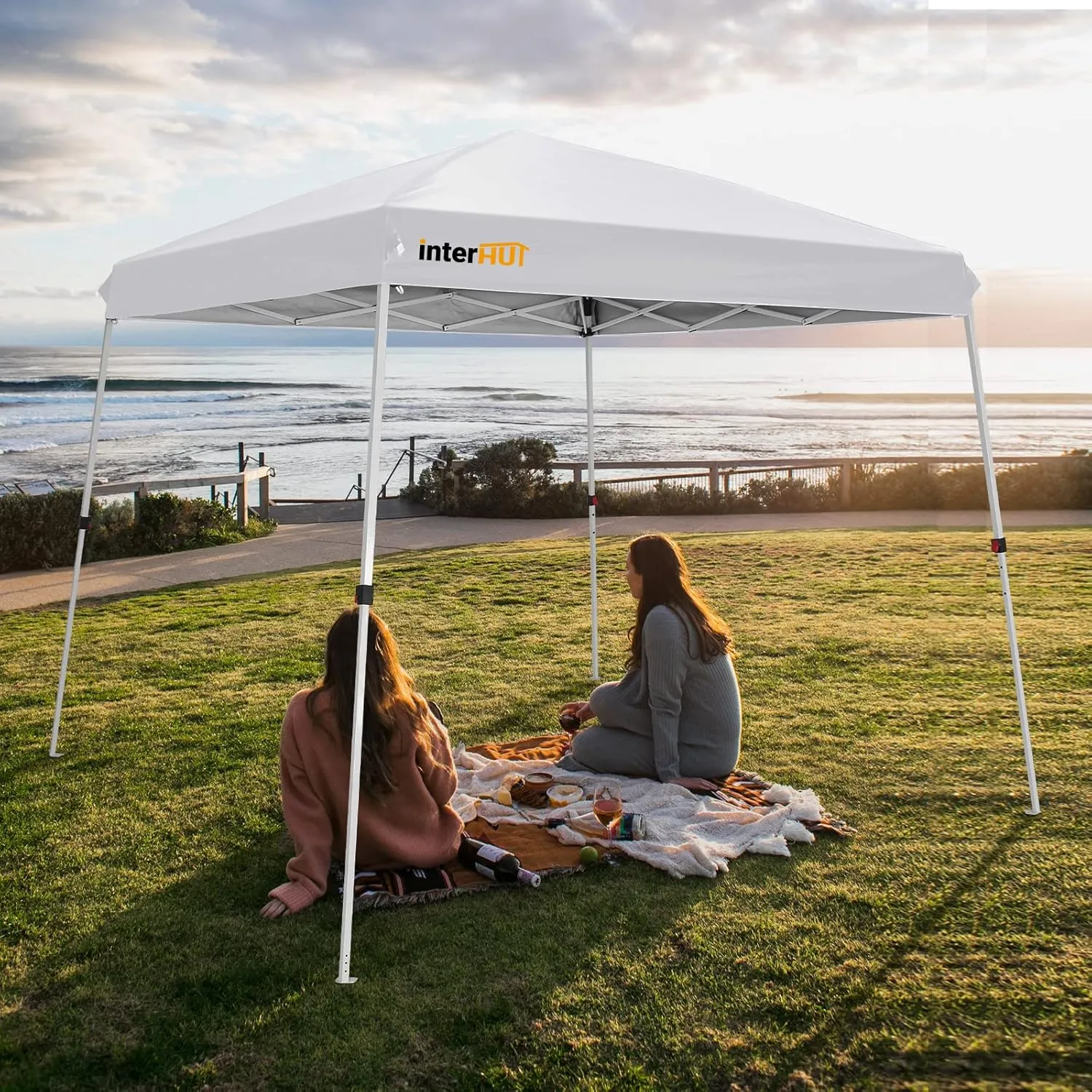 Slant Leg Portable Pop up Canopy Tent with Wheeled Bag, Instant Outdoor Beach Canopy Folding Sports Shelter 8x8 Top 10x10 Base, White