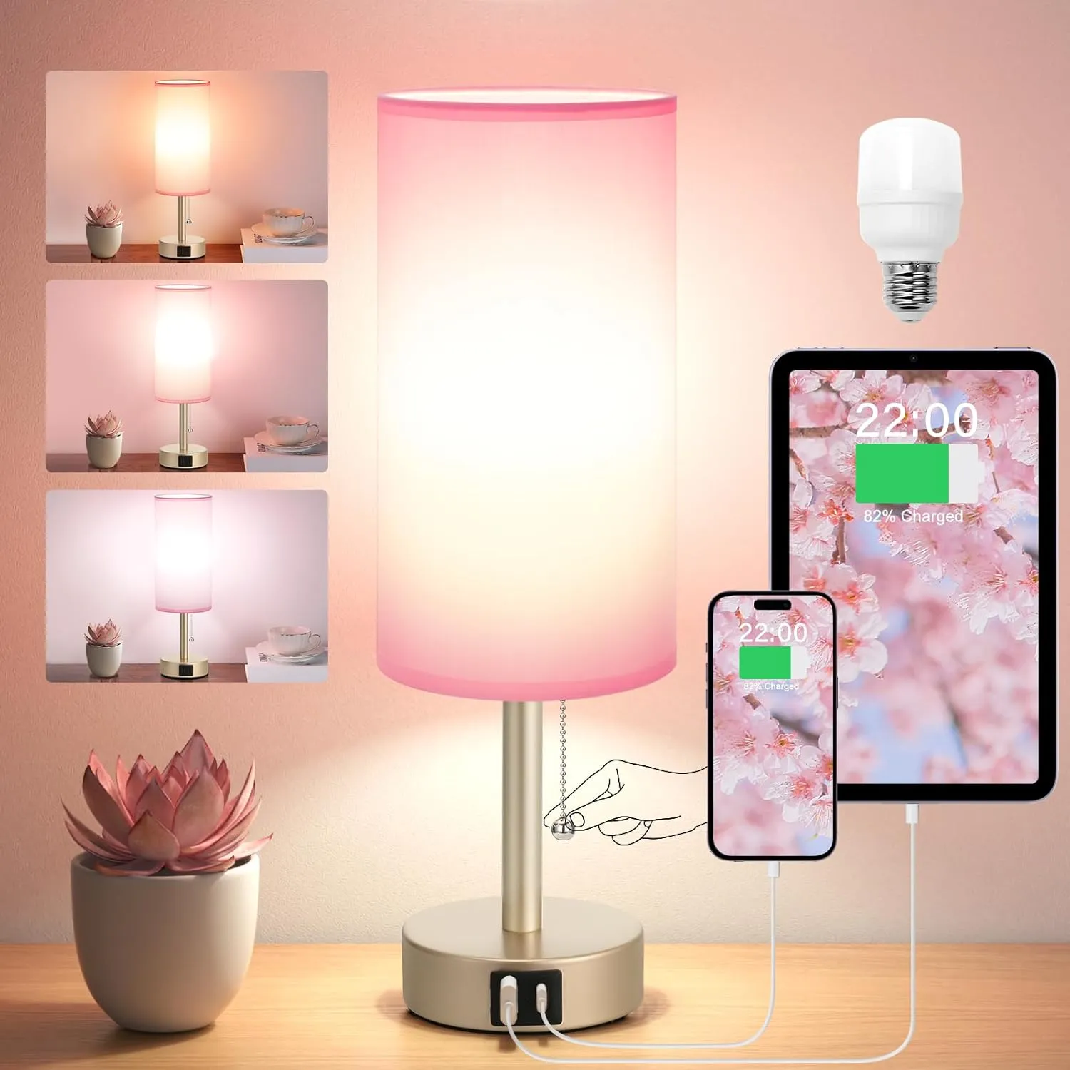 Small Table Lamp for Bedrooms - Bedside Lamps for Nightstands, Minimalist Night Stand Light with round fabric shade, Desk Reading Lamps for Children's room, Living room, Offices,Dorm (Pink and Gold)