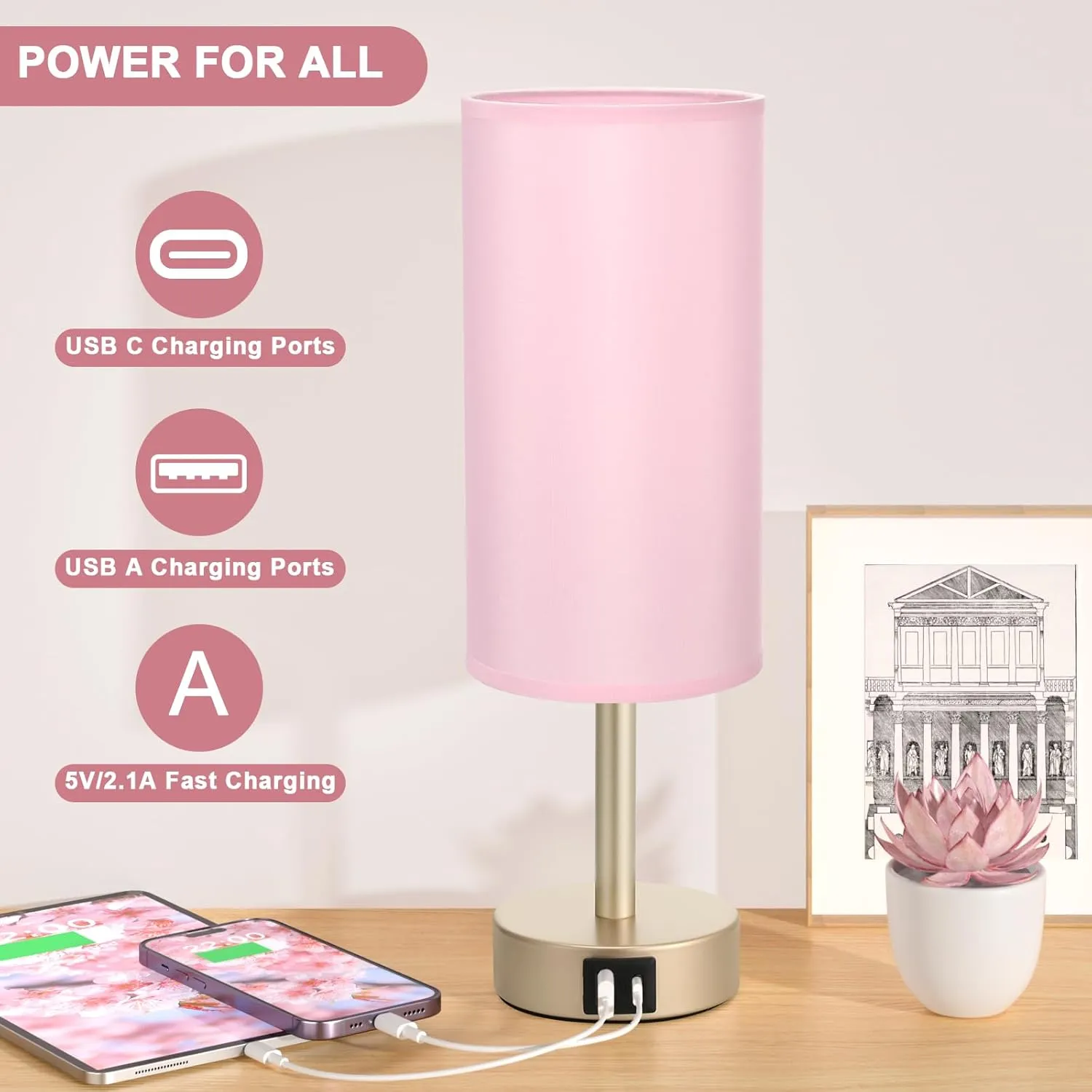 Small Table Lamp for Bedrooms - Bedside Lamps for Nightstands, Minimalist Night Stand Light with round fabric shade, Desk Reading Lamps for Children's room, Living room, Offices,Dorm (Pink and Gold)