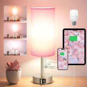 Small Table Lamp for Bedrooms - Bedside Lamps for Nightstands, Minimalist Night Stand Light with round fabric shade, Desk Reading Lamps for Children's room, Living room, Offices,Dorm (Pink and Gold)