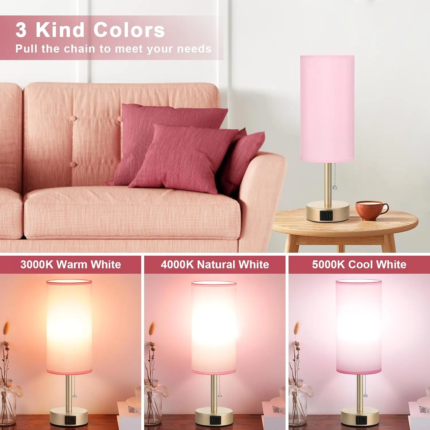 Small Table Lamp for Bedrooms - Bedside Lamps for Nightstands, Minimalist Night Stand Light with round fabric shade, Desk Reading Lamps for Children's room, Living room, Offices,Dorm (Pink and Gold)