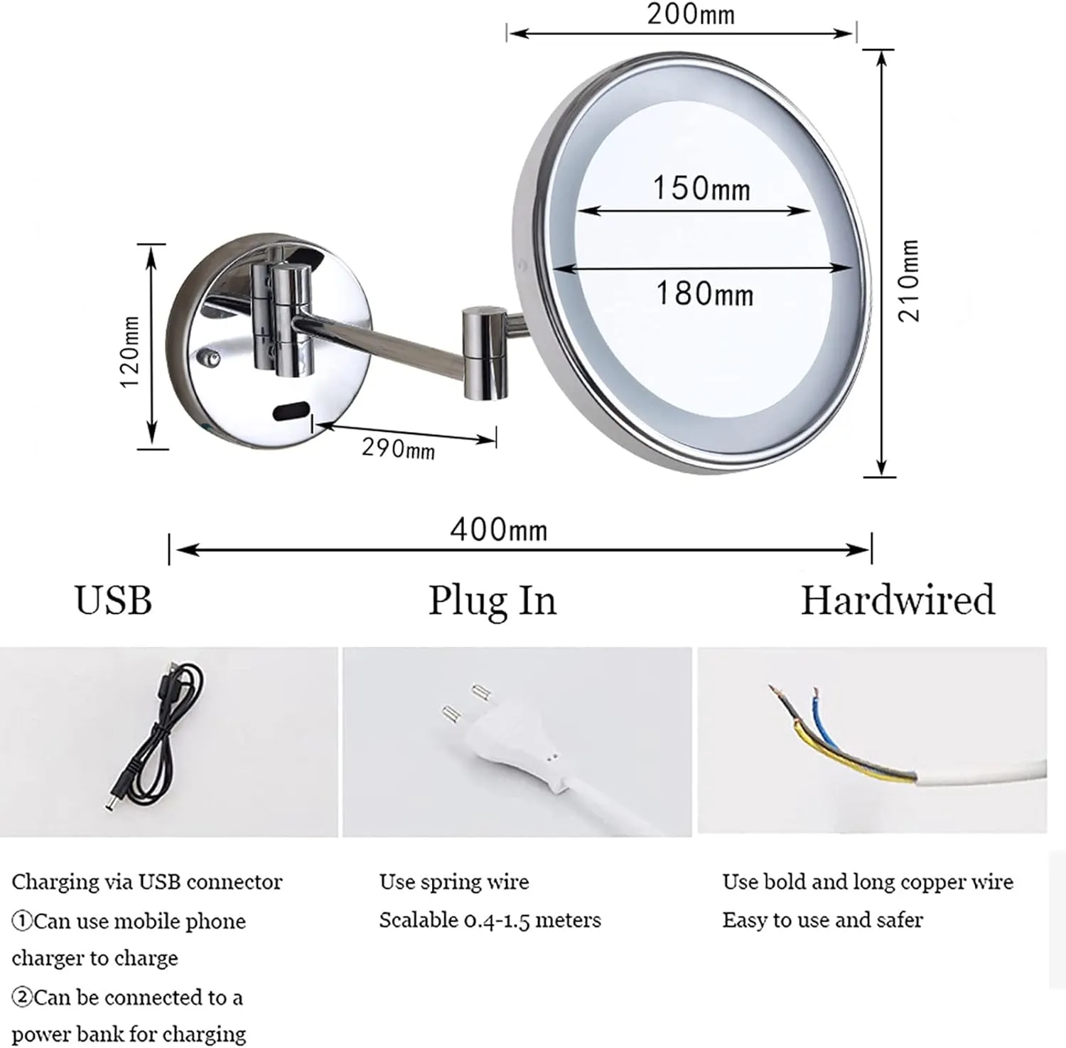 Smart Sensor Switch Makeup Mirror with Lights and Magnification, Chrome Led Wall Mounted Vanity Mirror, Extendable Shaving Mirror,USB,7X/USB/5*