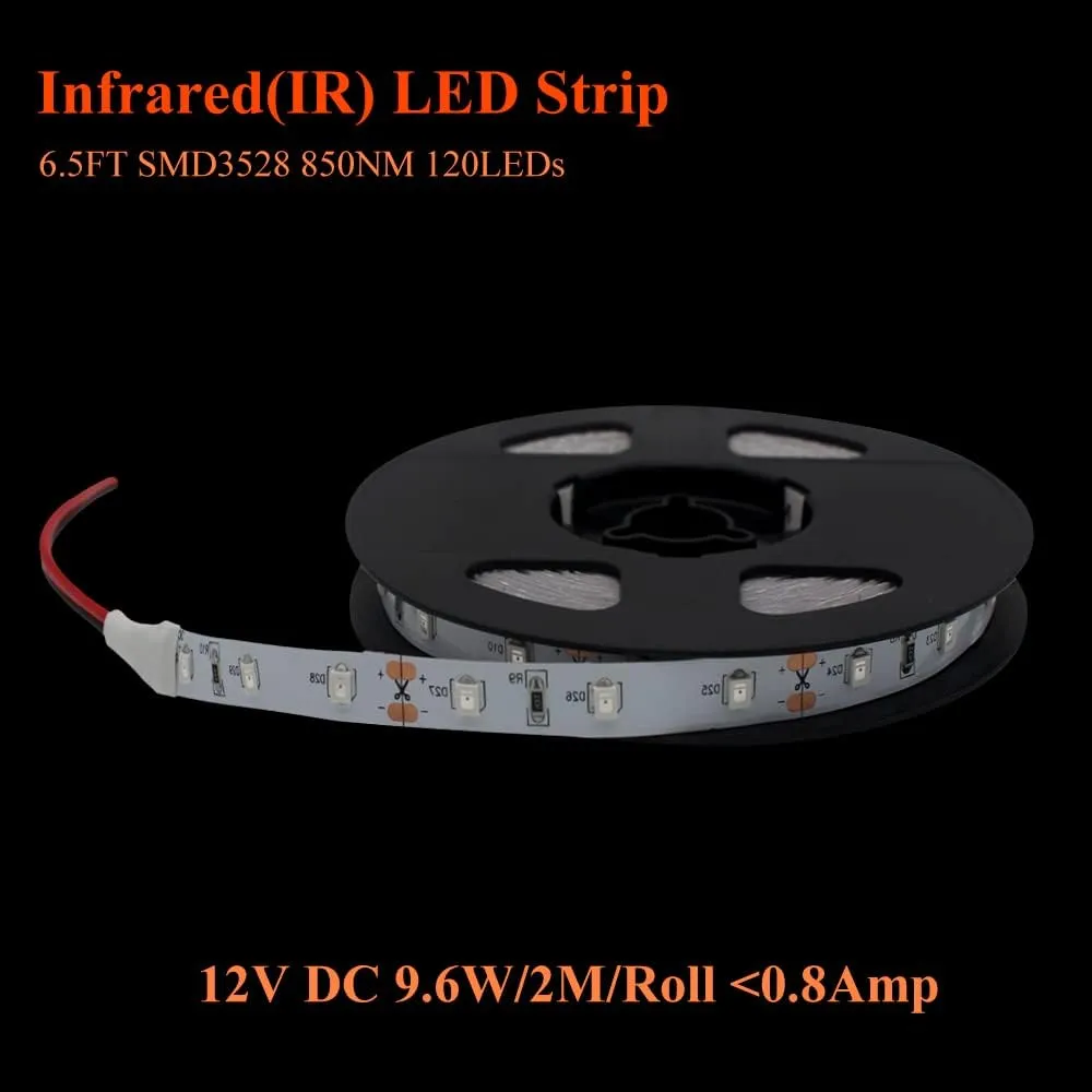 SMD3528-120-IR Infrared (850nm) LED Light Strip 12V Single Chip Flexible LED Strips 60LEDs 4.8w/m 6.5ft/Reel 8mm-Wide Non-Waterproof Infrared LED Light Supplement