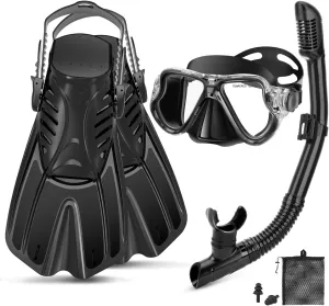 Snorkeling Gear for Adults, 4 in 1 Adult Snorkel Set with Panoramic View Snorkel Mask, Dry Top Snorkel, Adjustable Short Fins and Travel Bag, Snorkel Set with Fins for Snorkeling Diving
