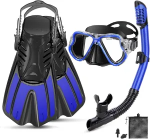 Snorkeling Gear for Adults, 4 in 1 Adult Snorkel Set with Panoramic View Snorkel Mask, Dry Top Snorkel, Adjustable Short Fins and Travel Bag, Snorkel Set with Fins for Snorkeling Diving