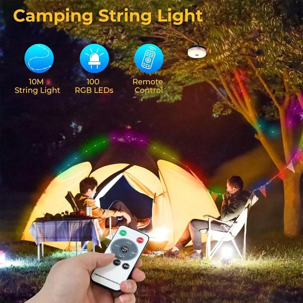Solar Camping String Light RGB LED Tent Light with Hook and Flashlight for Outdoor Use