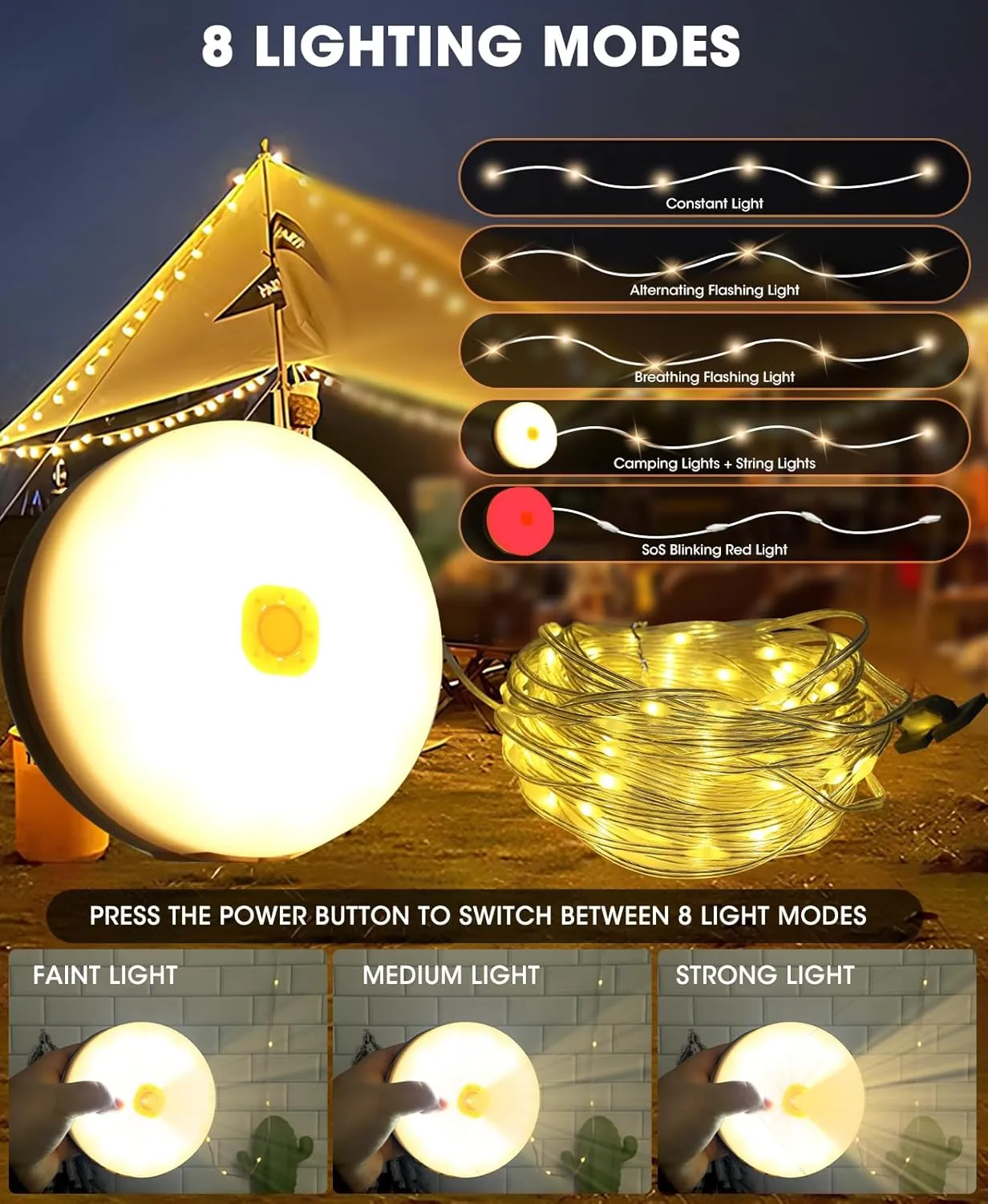 Solar Camping String Lights, 39.4 Ft Ultra Outdoor String Lights with 8 Lighting Modes, Solar Power and USB Rechargeable with Remote Control, Waterproof Portable Camping Lights for Yard Hiking