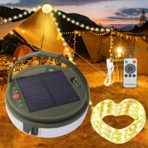 Solar Camping String Lights, 39.4 Ft Ultra Outdoor String Lights with 8 Lighting Modes, Solar Power and USB Rechargeable with Remote Control, Waterproof Portable Camping Lights for Yard Hiking