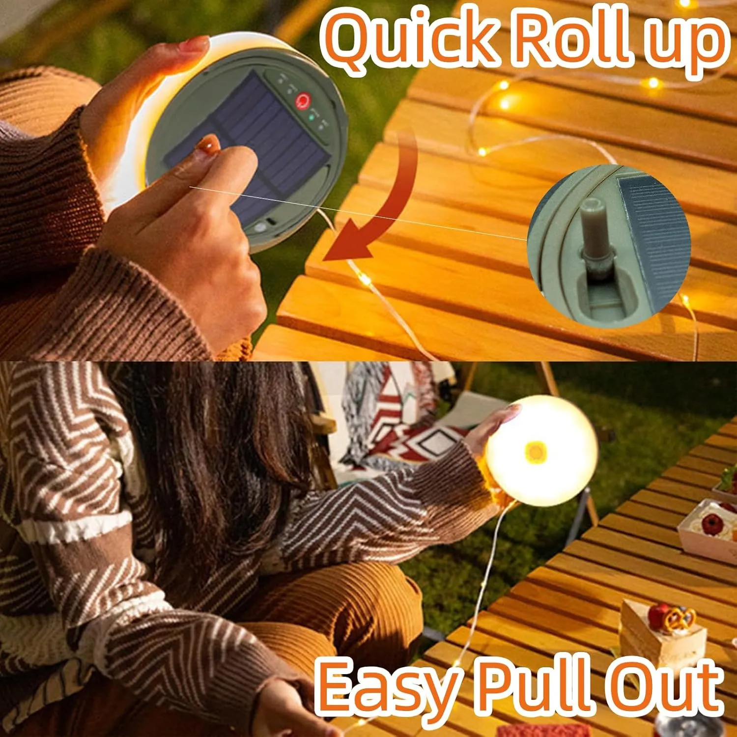 Solar Camping String Lights, 39Ft 120LED Stowable String Lights with 8 Lighting Modes, USB Rechargeable, IP64 Waterproof Solar String Lights for Outdoor, Indoor, Home, RV, Garden, Patio, Warm White