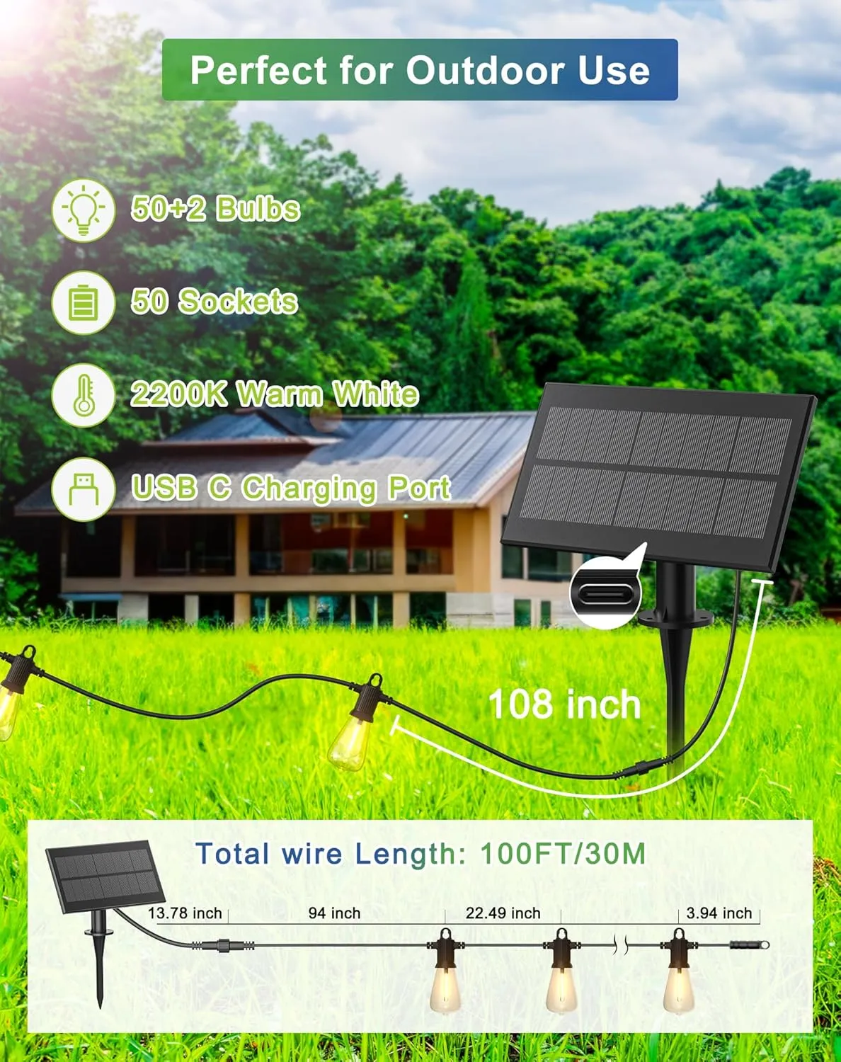 Solar String Lights Outdoor Waterproof 100FT with USB Port and 52 Shatterproof ST38 Bulbs(2 Spare), LED Solar Powered Patio Lights for Outside, Porch, Backyard, Gazebo, Garden(Warm White)