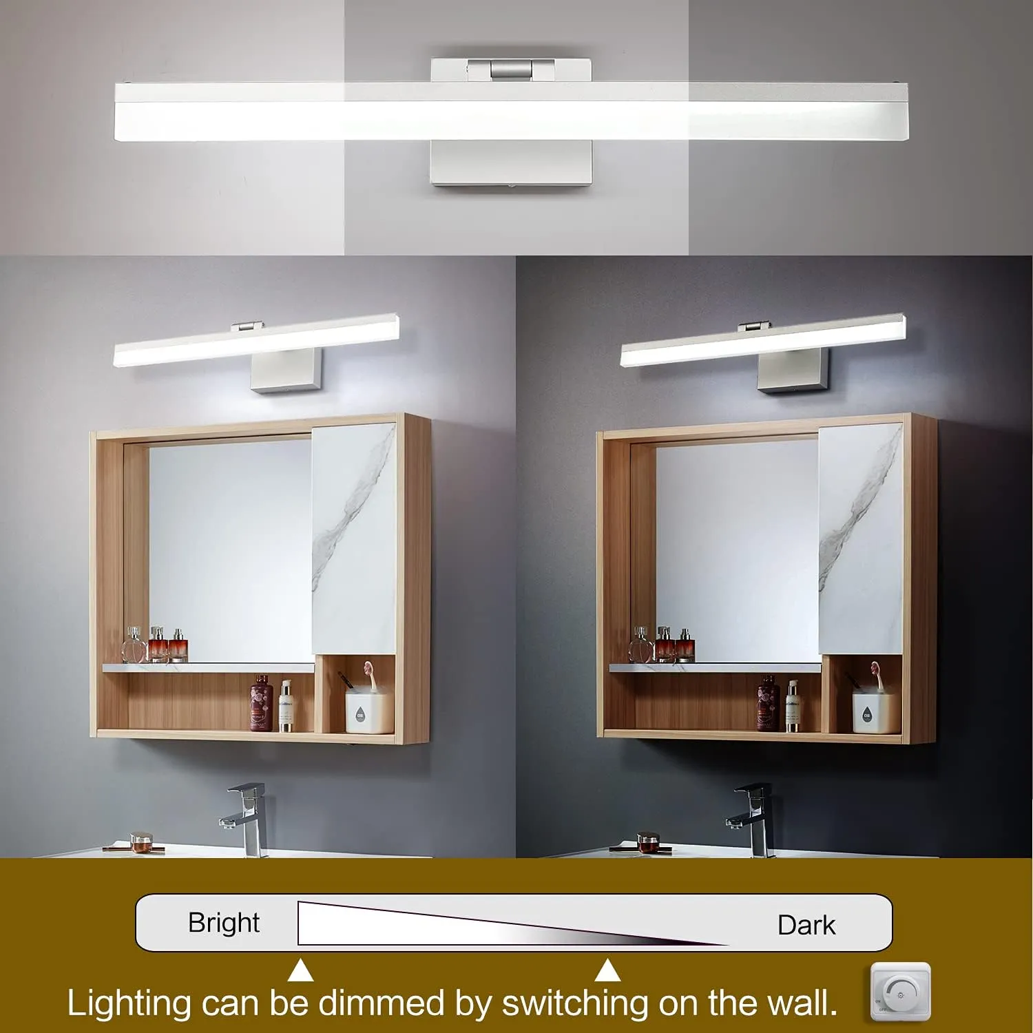 SOLFART Modern Dimmable Vanity Light Fixtures Silver Aluminum for Bathroom Wall Light 5500K LED Rotatable Light Bar