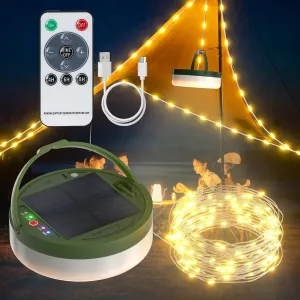 SoulBay Solar String Lights for Outside Camping, Outdoor Waterproof Lantern Light with Remote Timer, USB & Solar Rechargeable, 100-LEDs 32.8FT Strings & 8 Lighting Modes for Camper Tent RVs Patio