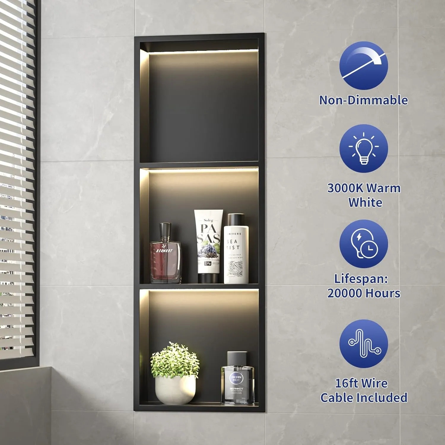 Stainless Steel Shower Niche with Shelf 36" X 12" Matte Black with Led Light 3 Shelves No Tile Needed Niche Shower for Bathroom Storage Over-Mounted Installation