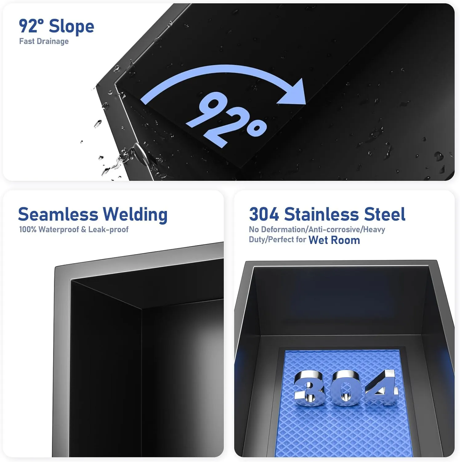 Stainless Steel Shower Niche with Shelf 36" X 12" Matte Black with Led Light 3 Shelves No Tile Needed Niche Shower for Bathroom Storage Over-Mounted Installation