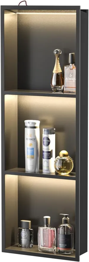 Stainless Steel Shower Niche with Shelf 36" X 12" Matte Black with Led Light 3 Shelves No Tile Needed Niche Shower for Bathroom Storage Over-Mounted Installation