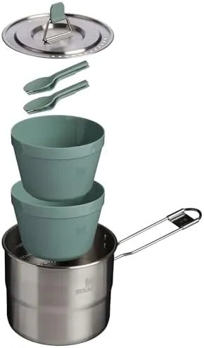 Stanley Wildfare Go Two Bowl Mess Kit | 8pc Portable Pot & Cookware Set | 1.25qt Stainless Steel Pot w/Locking Handle, Lid, 2 Bowls & Sporks