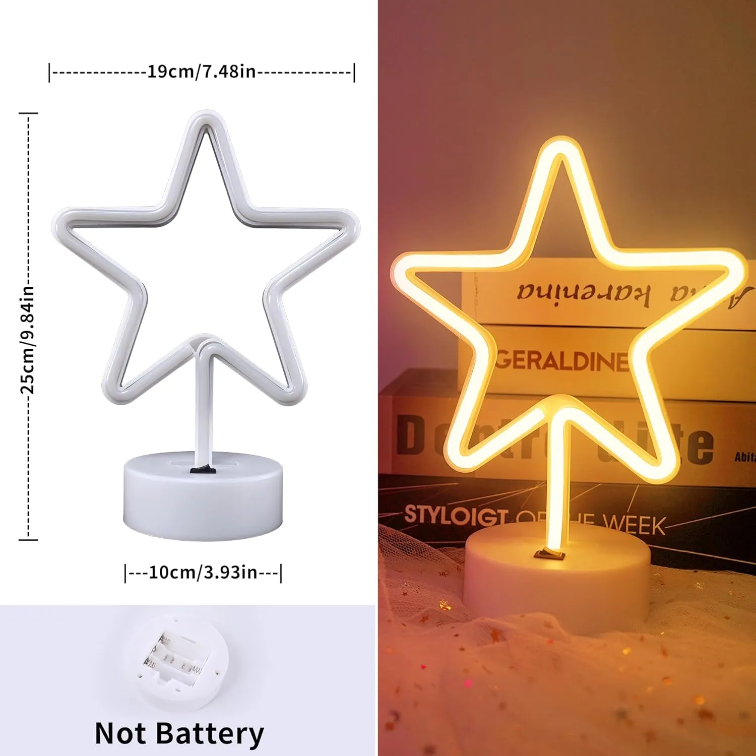 Star Neon Sign, Star Led Neon Light with Base, Warm White and Pink Star Led Light Battery/USB Powered for Home Bedroom Hotel Bar Store Desk, Wedding Birthday Party Decorations, Christmas Gift- 2PCS