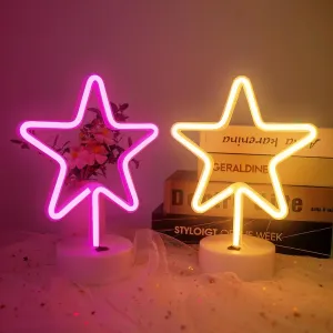 Star Neon Sign, Star Led Neon Light with Base, Warm White and Pink Star Led Light Battery/USB Powered for Home Bedroom Hotel Bar Store Desk, Wedding Birthday Party Decorations, Christmas Gift- 2PCS